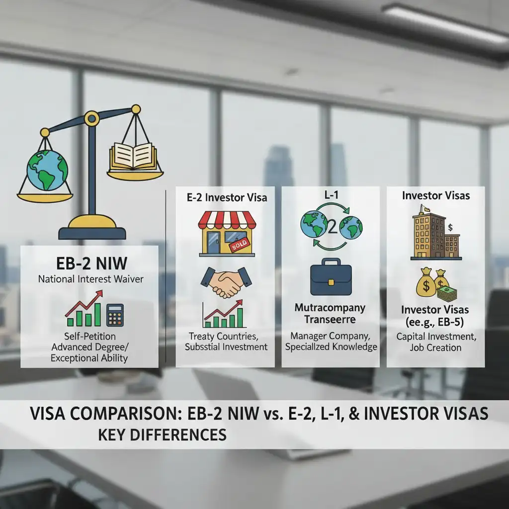 Compare the EB2 NIW, E-2, L-1, and investor visas